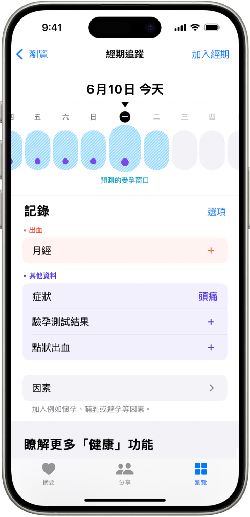 「經期追蹤」畫面靠近最上方的時間列顯示預估的受孕窗口。時間列下方選項可加入經期、症狀和其他資訊。