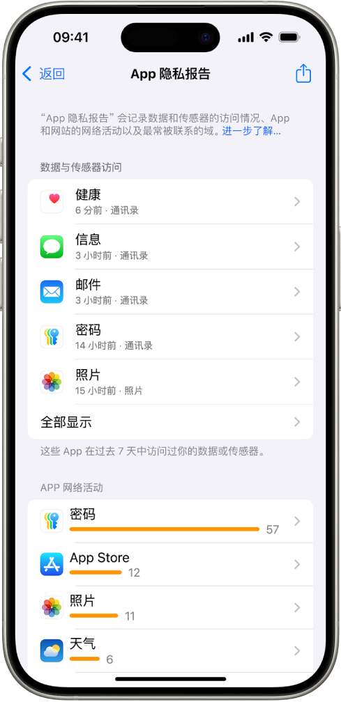 “App 隐私报告”列出了有关“数据与传感器访问”类别中 App 的信息以及“App 网络活动”类别中 App 的信息。