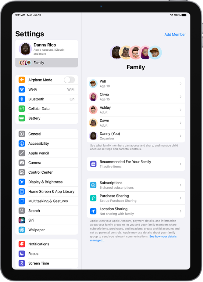 شاشة العائلة في الإعدادات. يظهر ما يصل إلى خمسة أفراد عائلة في قائمة فوق الميزات المشتركة.