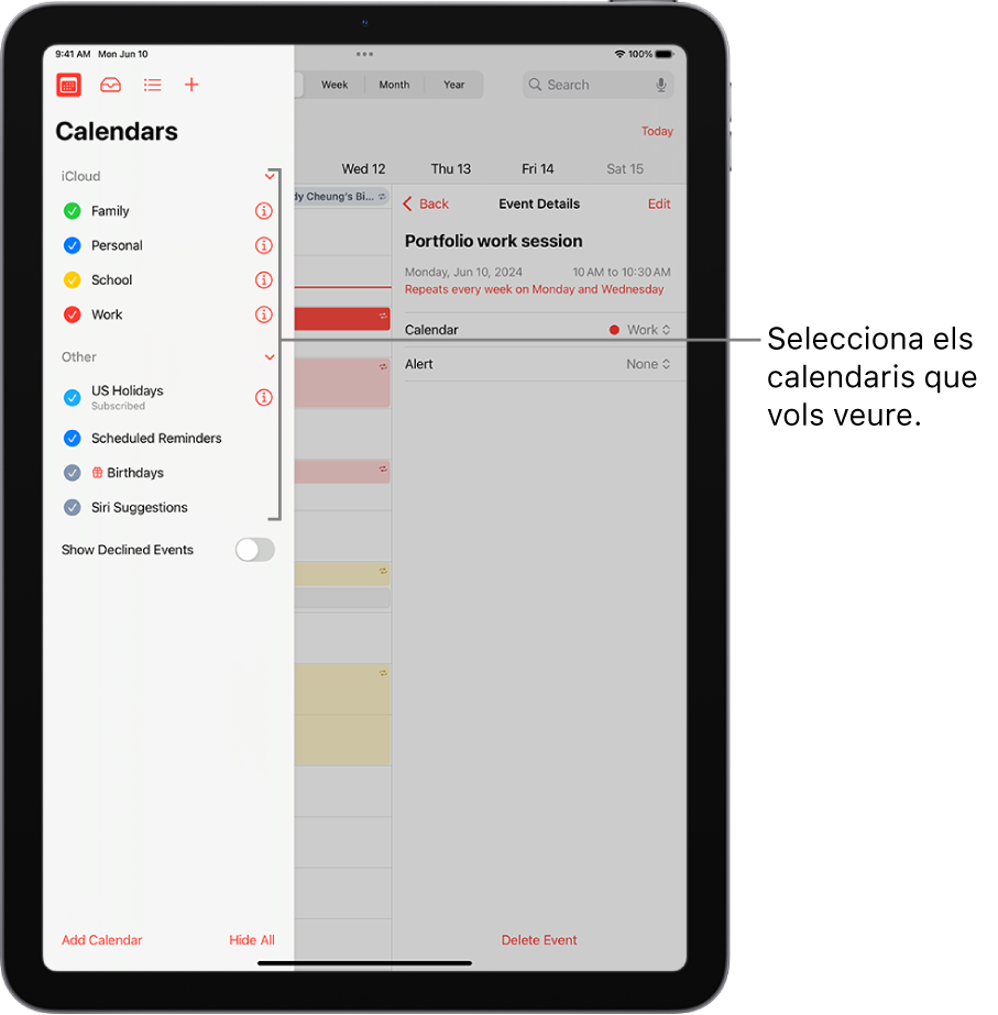 Es mostra la llista de calendaris amb marques de selecció que indiquen quins calendaris estan actius El botó “Fet” per tancar la llista és a l’angle superior esquerre. Es mostra el botó “Afegeix un calendari” a l’angle inferior esquerre.