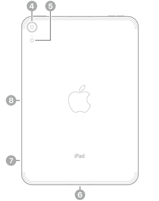 The back view of iPad mini with callouts to the rear camera and flash at the top left, the USB-C connector at the bottom center, the SIM tray (Wi-Fi + Cellular) at the bottom left, and the magnetic connector for Apple Pencil on the left.