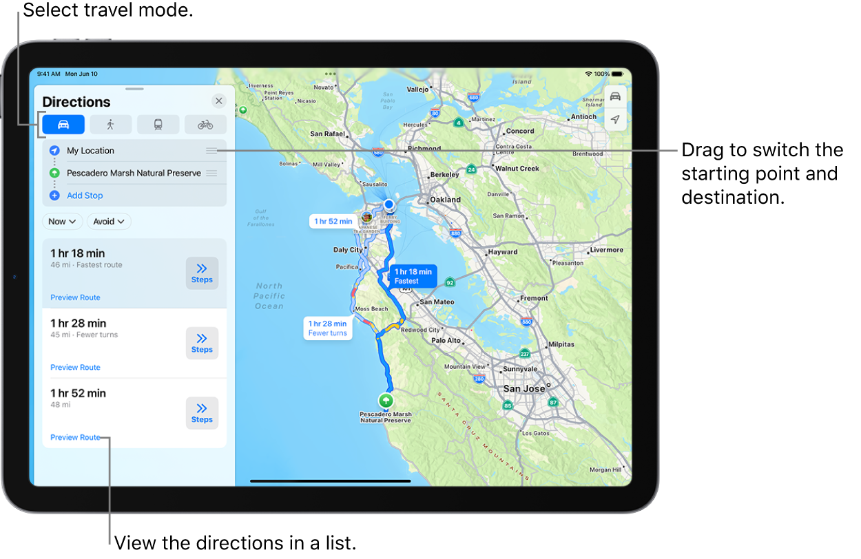 A map with several possible routes for driving directions between My Location and a destination.