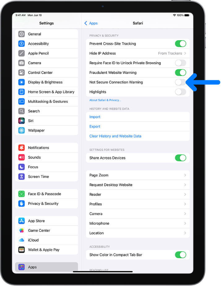 The Not Secure Connection Warning control, located below Privacy & Security on the Safari screen in Settings.