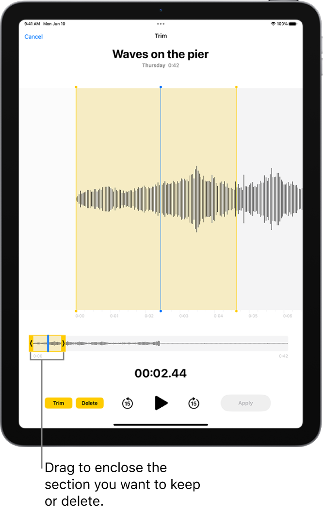 A recording is being edited, with the yellow trim handles enclosing a portion of the audio waveform at the bottom of the screen. To the left of the Playback controls are the Trim button (for deleting the part of the recording outside the handles) and the Delete button (for deleting the part of the recording outside the handles).