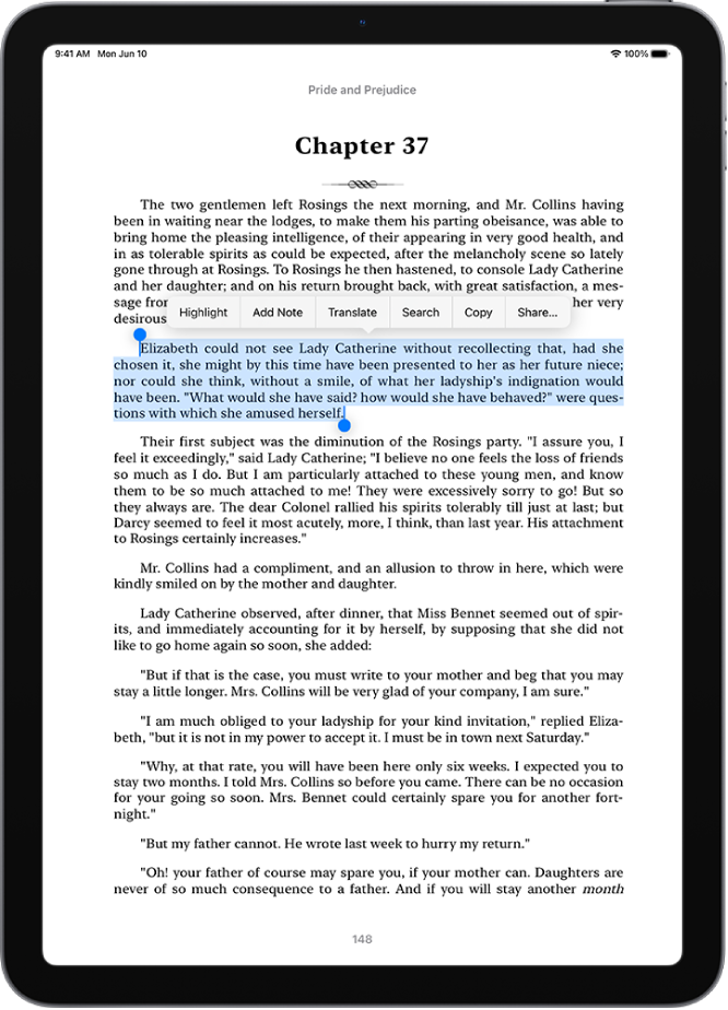 A page of a book in the Books app, with a portion of the page’s text selected. The Highlight, Add Note, Translate, Search, Copy, and Share buttons are above the selected text.