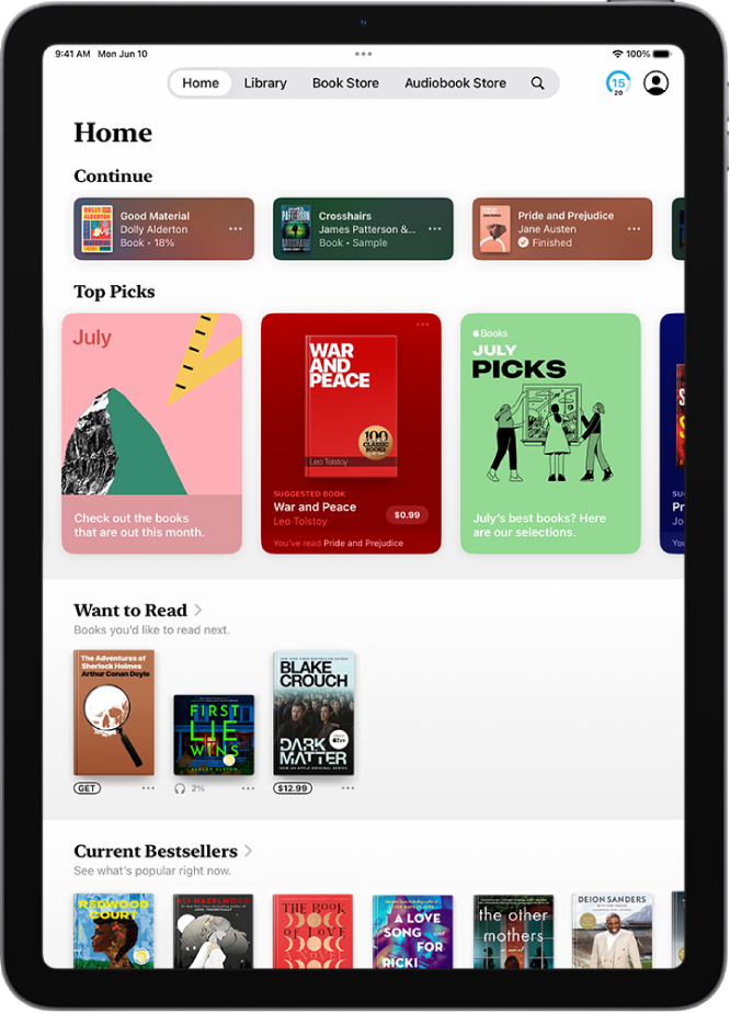 The Home screen in the Books app, showing the Current, Recent, and Want to Read sections.