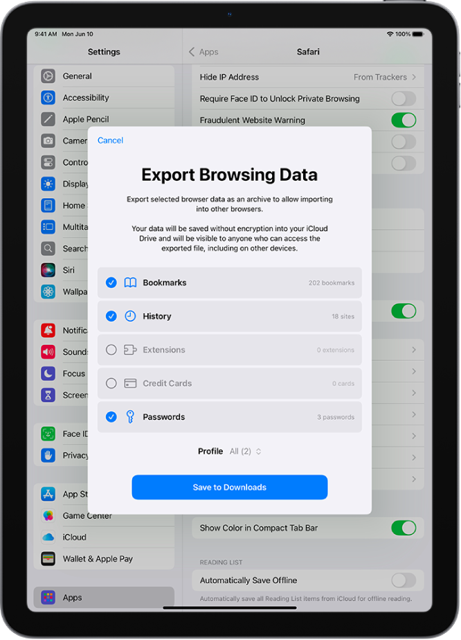 The Export Browsing Data screen, showing the data you can export from Safari to another browser.