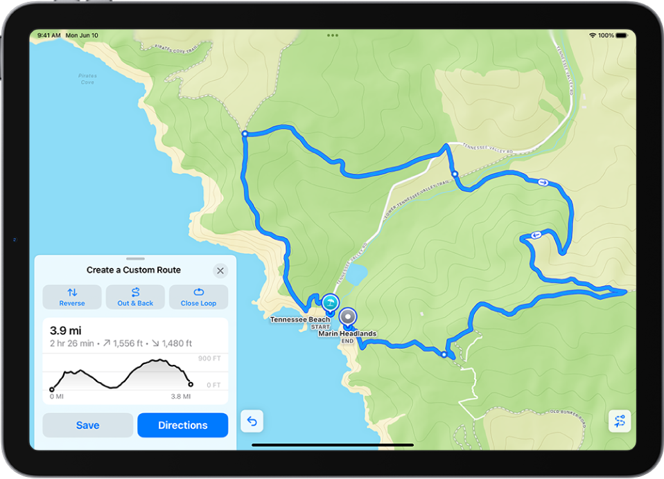 A custom route in the Maps app, with distance, elevation profile, estimated time, and options to save or get directions to the start of the route.