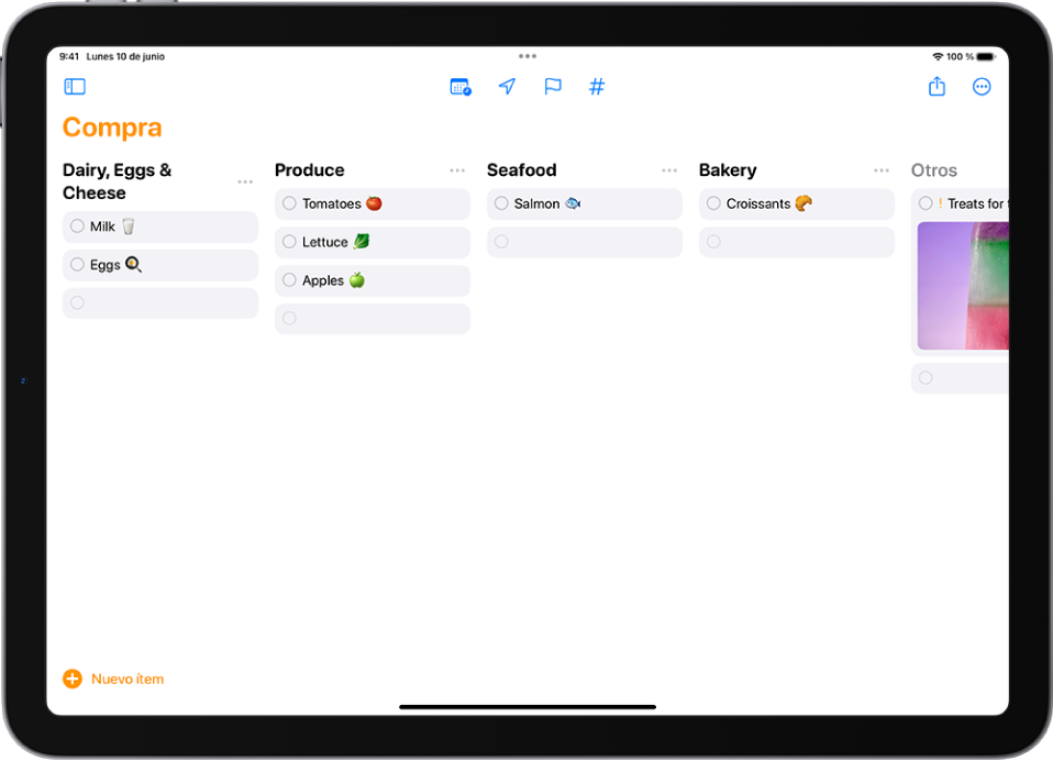 La app Recordatorios con una lista de la compra con las categorías organizadas en columnas.