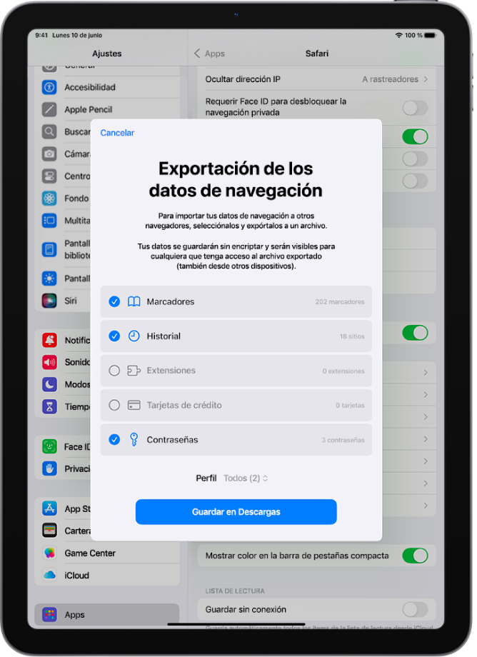 Pantalla “Exportación de los datos de navegación” con los datos que puedes exportar de la app Safari a otro navegador.