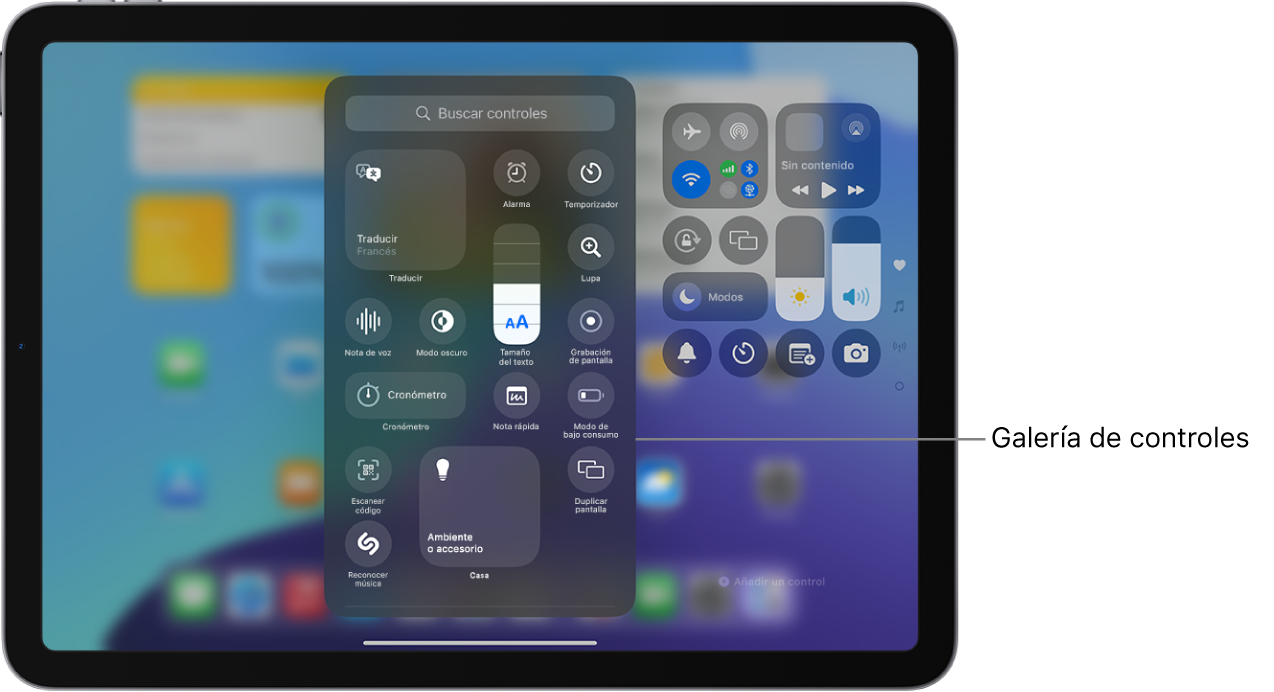 El centro de control está en modo de edición con la galería de controles abierta que muestra todos los controles disponibles.