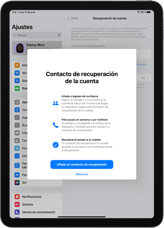 La pantalla “Contacto de recuperación de la cuenta”, con información sobre la función. El botón “Añadir contacto” se encuentra en la parte inferior.