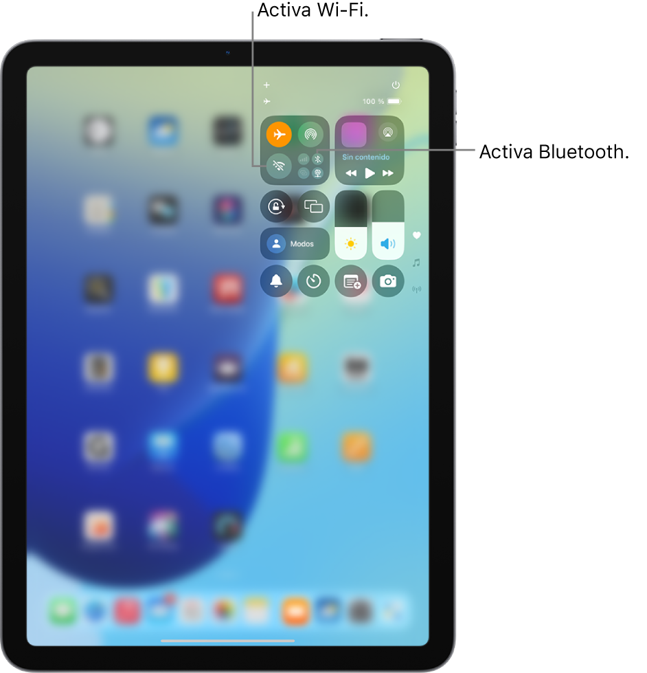 El centro de control del iPad muestra el modo Avión activado. Los botones para activar la conexión Wi-Fi o Bluetooth están cerca de la esquina superior izquierda del centro de control.