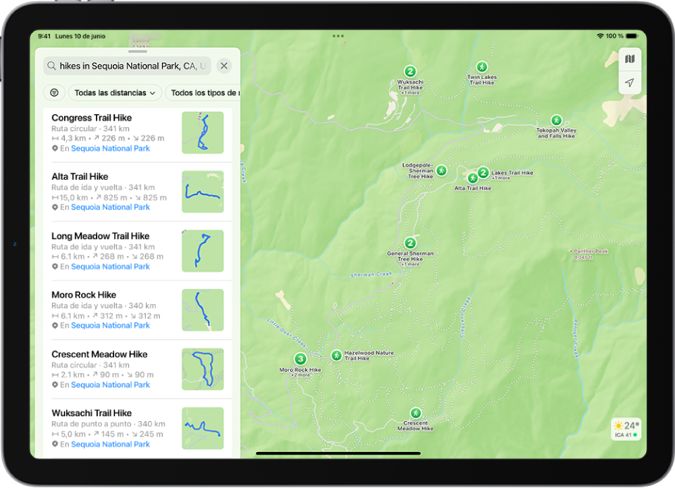 App Mapas con los resultados de una búsqueda de rutas de senderismo de un parque nacional.