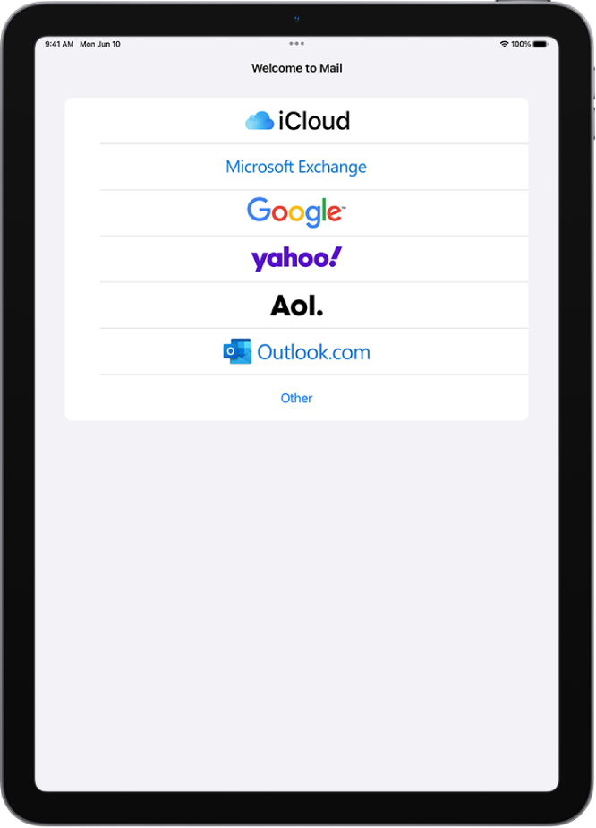 Kuva Add Account konto tüübi valimise valikutega iCloud, Microsoft Exchange, Google, Yahoo, AOL ja Other Mail Account.