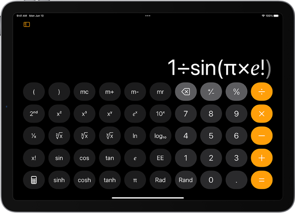 iPad, jossa näkyvät funktiolaskimen eksponentti- ja logaritmifunktiot sekä trigonometriset funktiot.