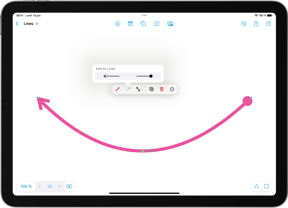 Une ligne de connexion sur un tableau Freeform, avec des points bleus et verts permettant de changer la forme et l’arc.