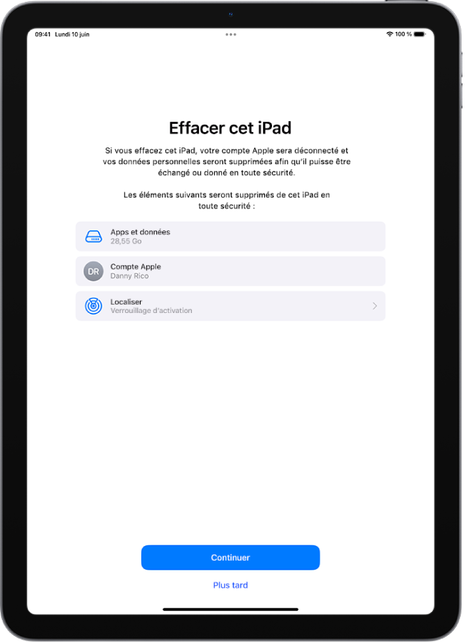 L’écran « Effacer cet iPad ».