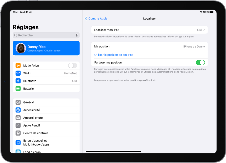 Écran affichant les réglages de l’app Localiser, avec des options permettant d’activer « Localiser mon iPad » et « Partager ma position ».