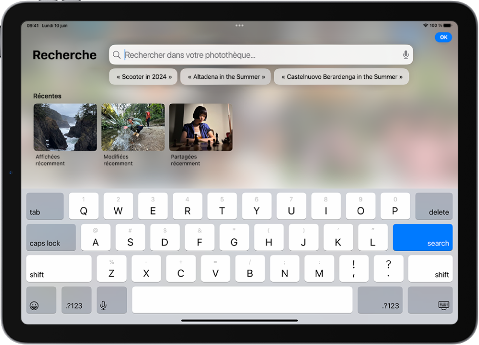 L’écran Rechercher de l’app Photos. En haut de l’écran se trouve le champ de recherche, avec les suggestions affichées en dessous.