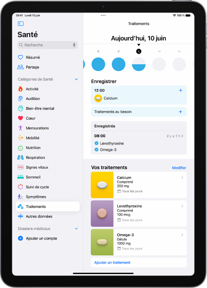 L’écran Traitements dans Santé, avec la date et un journal des traitements.