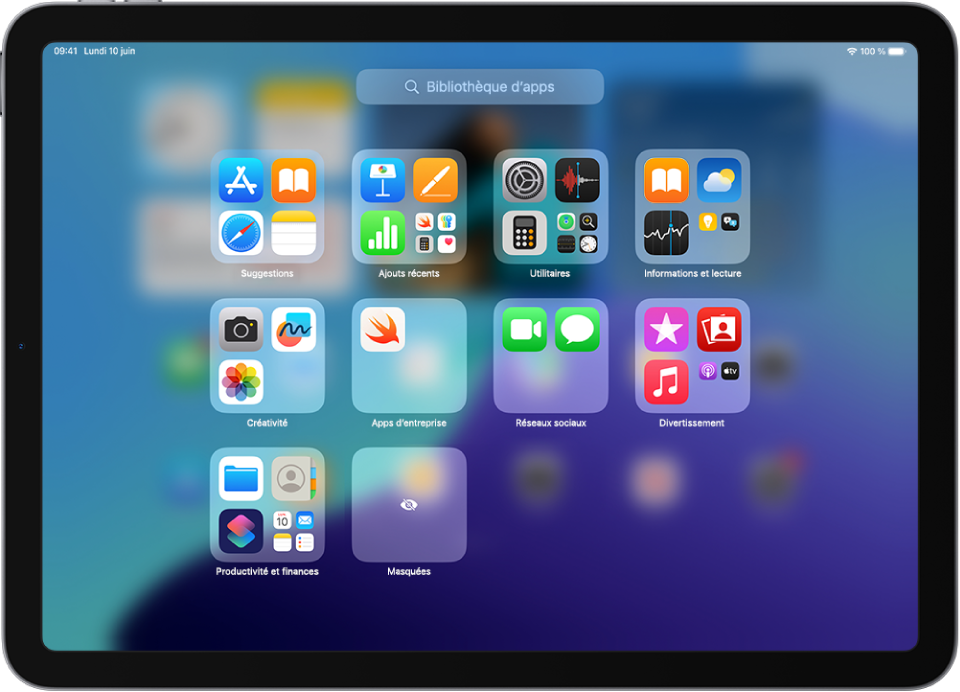 La bibliothèque d’apps sur l’iPad montrant les apps organisées par catégorie (Divertissement, « Productivité et finances », etc.).
