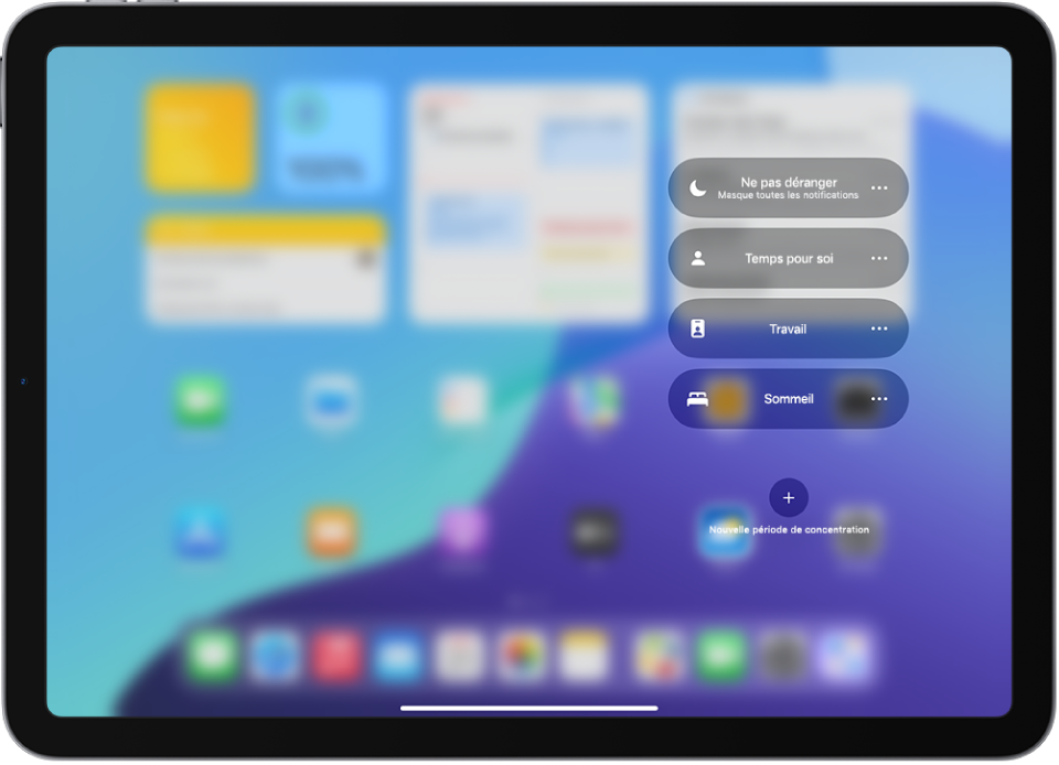 Le centre de contrôle affichant les options de concentration, avec des boutons pour régler la durée des options de concentration.