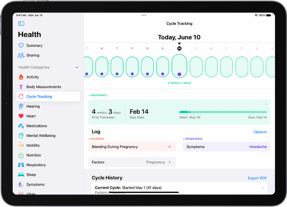 A Cikluskövetés képernyő, amelynek tetején egy terhesség egy hetet megjelenítő idővonala látható. Világoszöld ellipszisek és lila pontok jelzik az első 7 napot az idővonalon. Az idővonalon lévő többi napot szaggatott világoszöld ellipszisek jelölik. Az idővonal alatt a terhesség összegzése látható a magzati életkorral, a terhesség kezdetének dátumával és a szülés várható dátumával. A terhesség összegzése alatt lévő opciókkal információkat adhat meg a terhesség során tapasztalt vérzésekről, tünetekről és egyebekről.