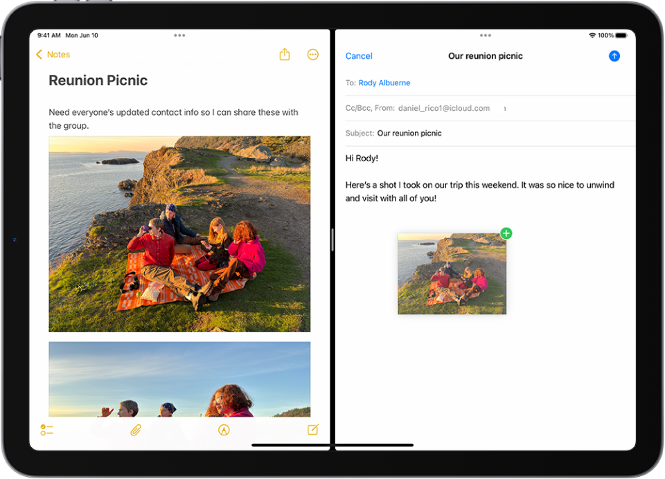 Split View dengan Catatan dibuka di sisi kiri dan email dibuka di sisi kanan. Foto dari Catatan diseret ke dalam email.