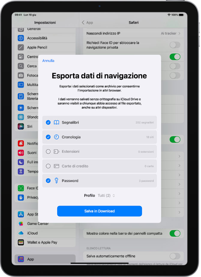 La schermata di esportazione dei dati di navigazione che mostra i dati che puoi esportare da Safari su un altro browser.