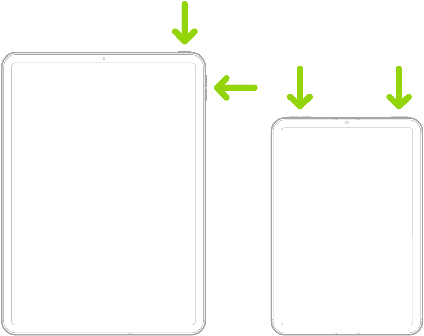 Due modelli di iPad. Entrambi hanno un pulsante superiore, un modello di iPad ha i tasti del volume su un lato, mentre l’altro ha il tasto del volume in alto. Due frecce indicano il tasto superiore e i tasti volume.