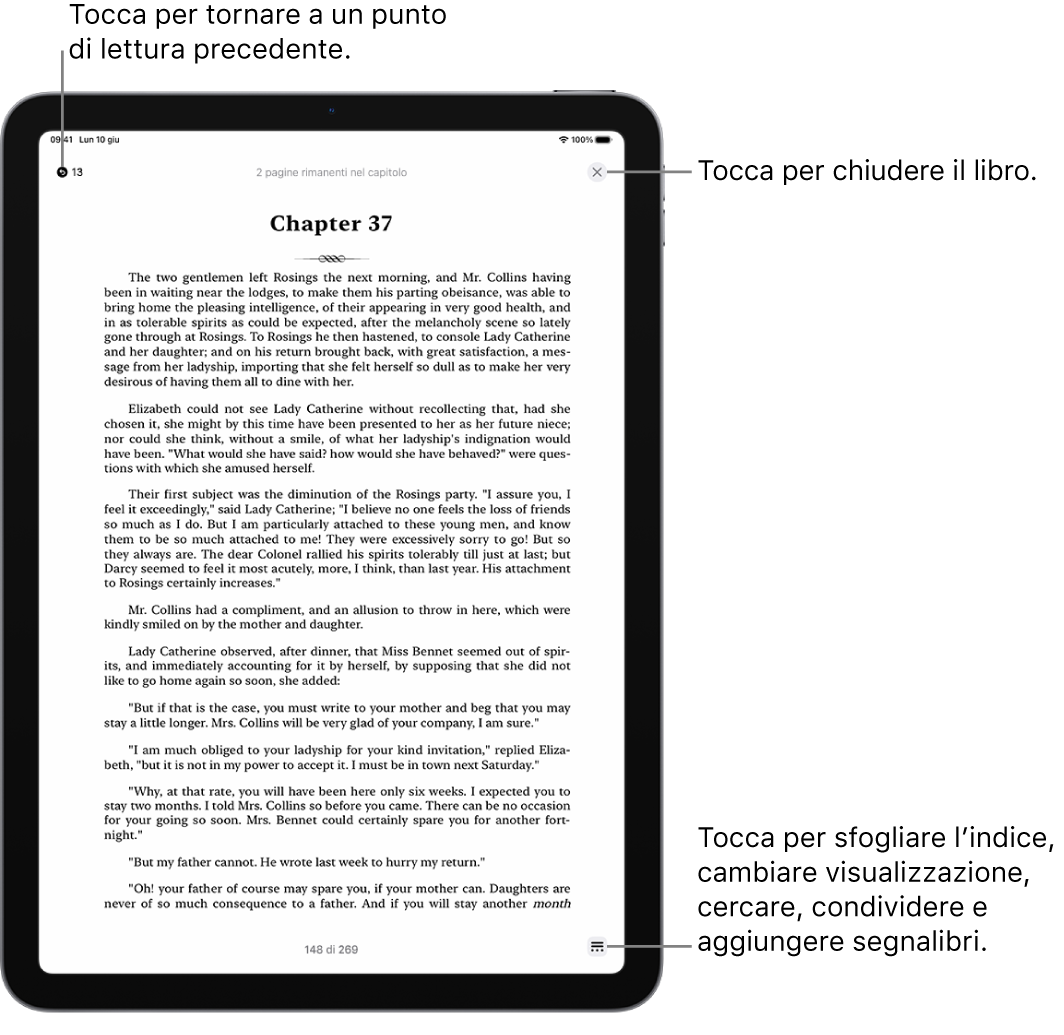 La pagina di un libro nell’app Libri. Nella parte superiore dello schermo sono presenti i pulsanti per tornare alla pagina da cui hai iniziato a leggere e per chiudere il libro. Nella parte inferiore destra dello schermo è presente il pulsante Menu.