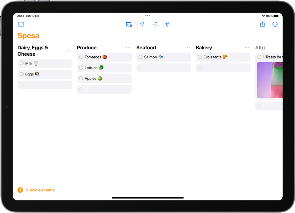 L’app Promemoria che mostra una lista della spesa con le voci suddivise per categorie organizzate in colonne.