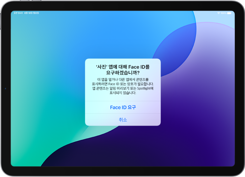 사진 앱을 열 때 Face ID를 요구하는 알림이 iPad 화면에 표시됨.