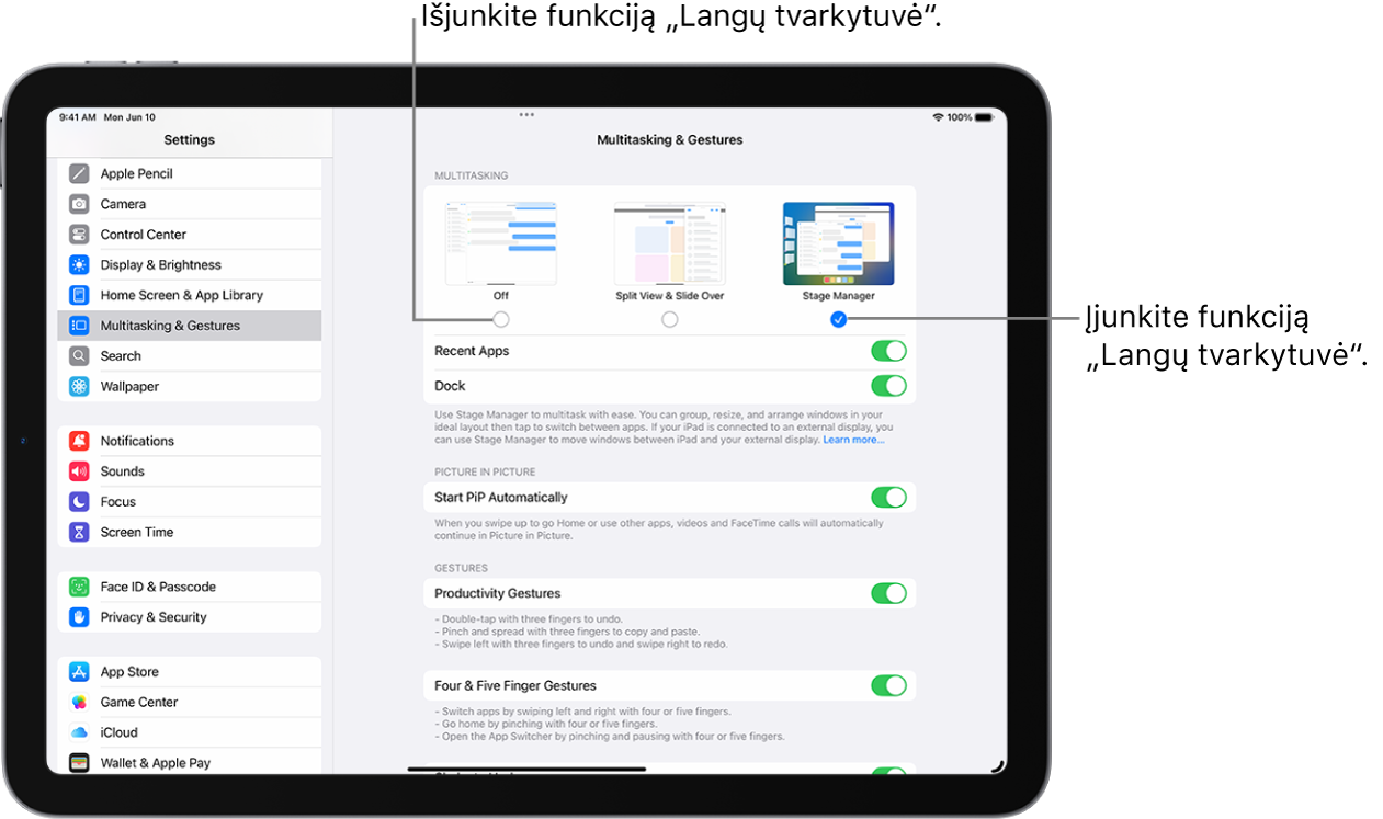 „Nustatymų“ ekranas, skirtas įjungti arba išjungti „Stage Manager“.