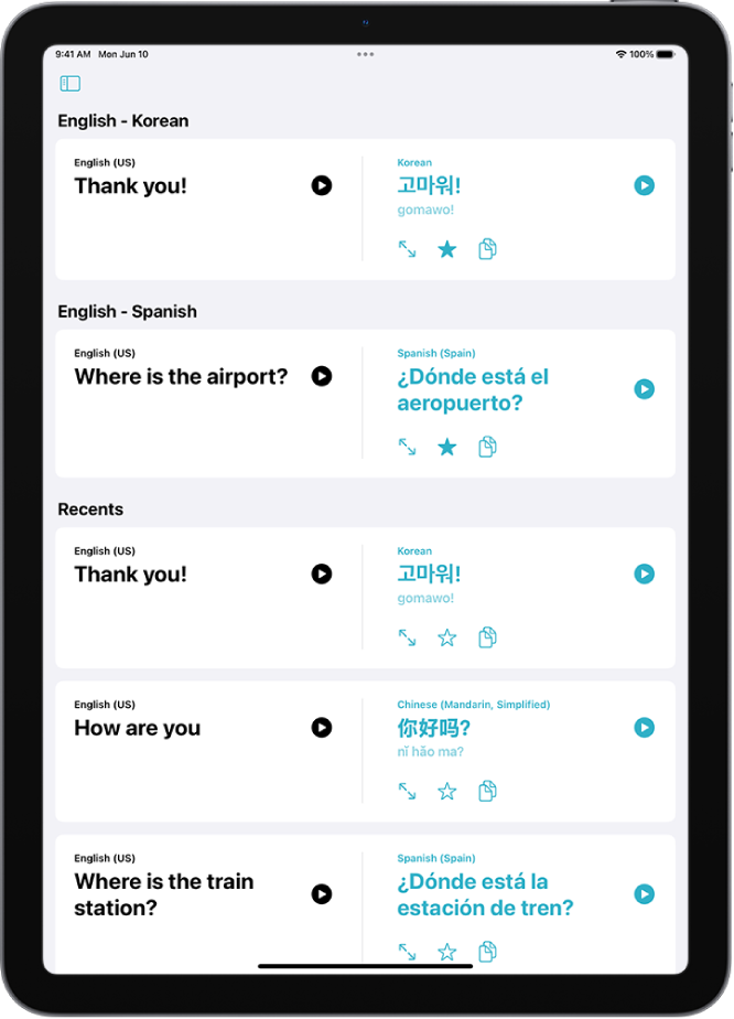 Cilne Favorites, kurā tiek rādītas saglabātās frāzes, kas ir iztulkotas no angļu valodas korejiešu valodā un no angļu valodas spāņu valodā. Zem Recents ir nesen tulkotas frāzes.
