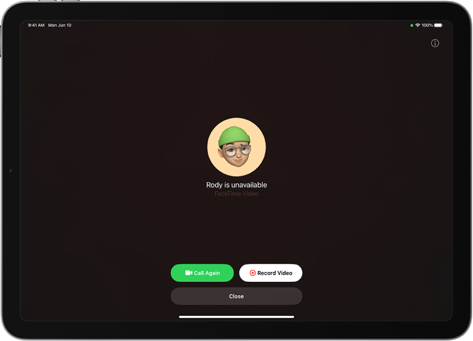 Skrin Rakam Video, menunjukkan orang yang anda panggil tidak tersedia. Skrin termasuk butang Panggil Lagi dan butang Rakam Video yang anda boleh ketik untuk merakam mesej video.
