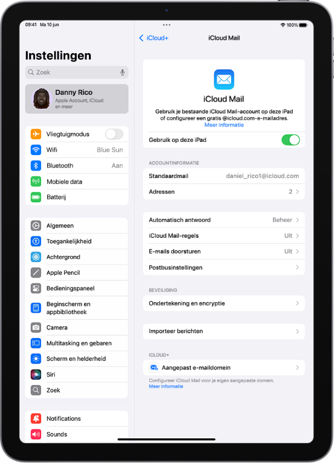 De Instellingen-app met het scherm van iCloud Mail. Onder in het menu staat 'Aangepast e‑maildomein'.