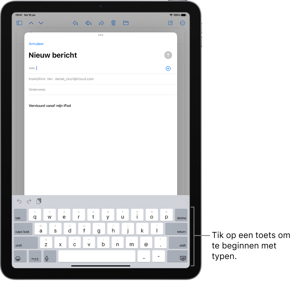 Een lege e‑mail is open in de Mail-app. In de onderste helft van het scherm staat het schermtoetsenbord.