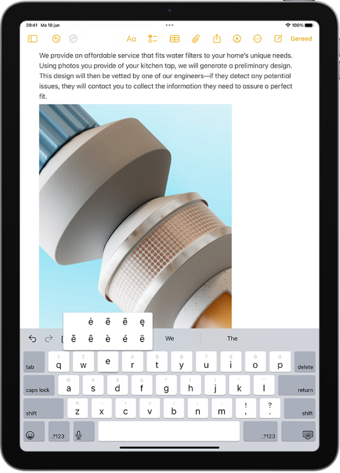 Het schermtoetsenbord toont de alternatieve accenttekens die worden weergegeven wanneer je je vinger op de e‑toets houdt.