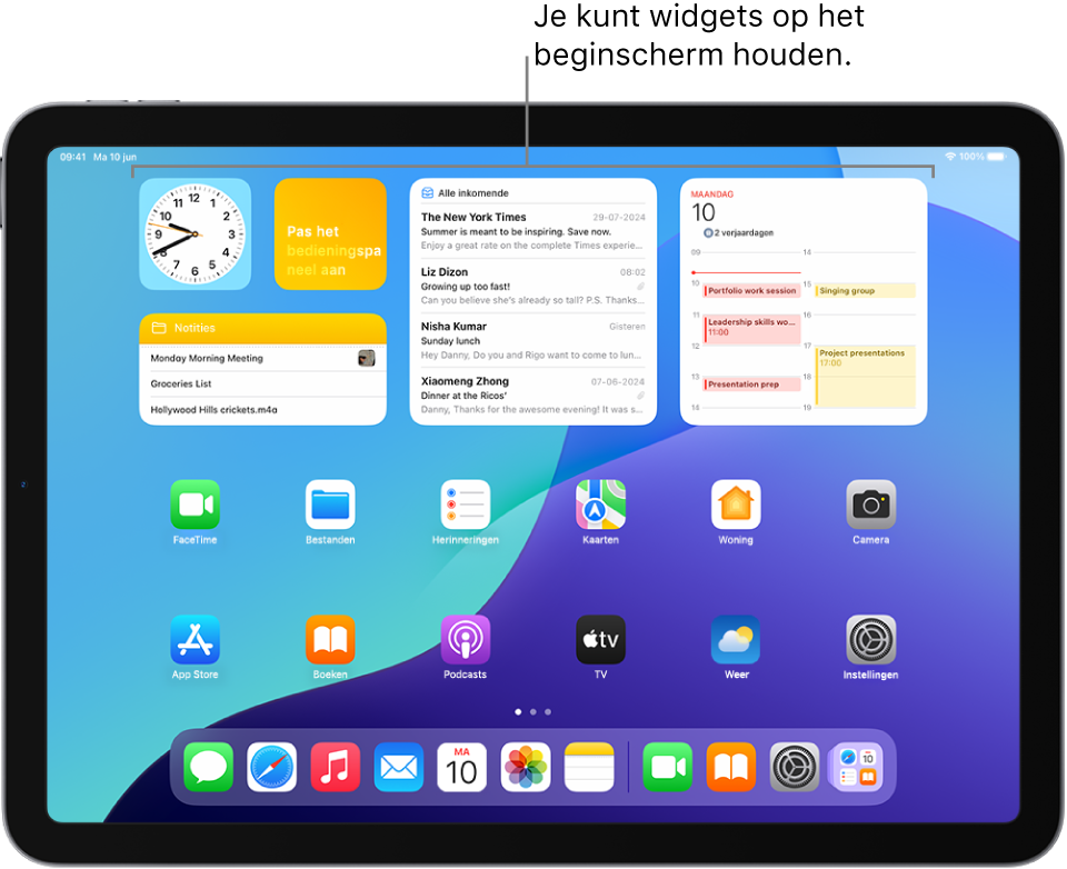 Het iPad-beginscherm. Boven in het scherm staan aangepaste widgets voor Weer, Muziek, Foto's, Herinneringen en Woning.