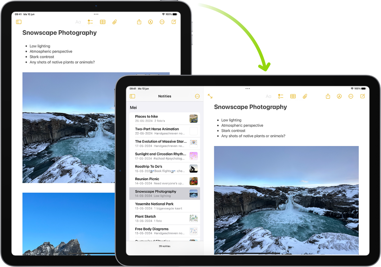 Op de achtergrond wordt op de iPad een Notities-scherm staand weergegeven; op de voorgrond is de iPad gedraaid, zodat je het Notities-scherm in de liggende weergave ziet.