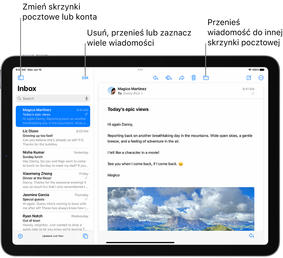 Skrzynka odbiorcza w aplikacji Poczta: lista wiadomości po lewej oraz otwarta wiadomość email po prawej.