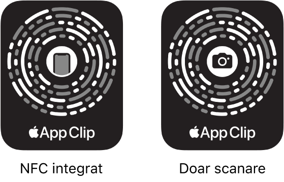 În stânga, un cod App Clip integrat în NFC cu pictograma unui iPhone în centru. În dreapta, un cod App Clip doar pentru scanare cu pictograma unei camere în centru.