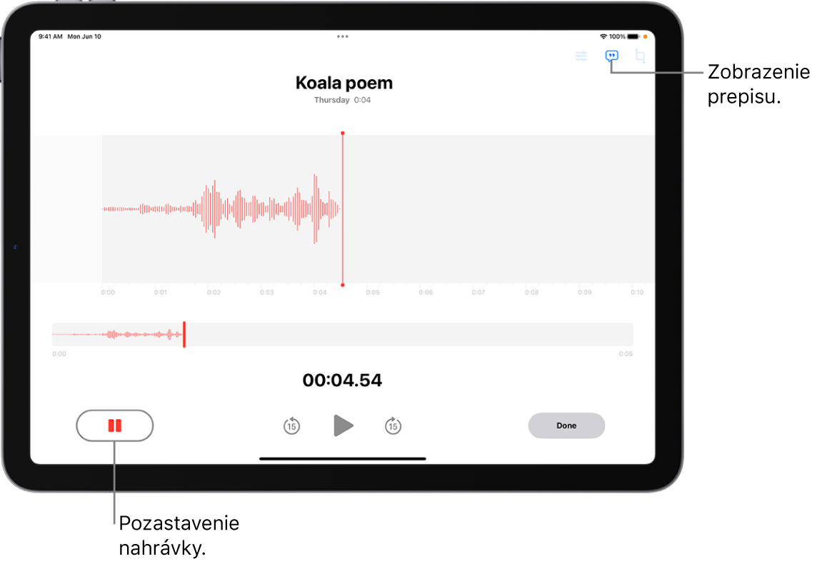 Nahrávka v apke Diktafón. Zobrazuje sa vlnový priebeh prebiehajúcej nahrávky spolu s indikátorom času, tlačidlom na pozastavenie nahrávania a tlačidlom na zobrazenie prepisu.