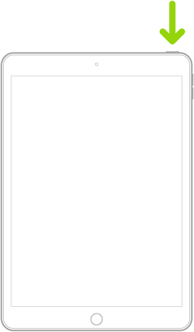 Một iPad có nút Home. Một mũi tên chỉ vào nút nguồn.