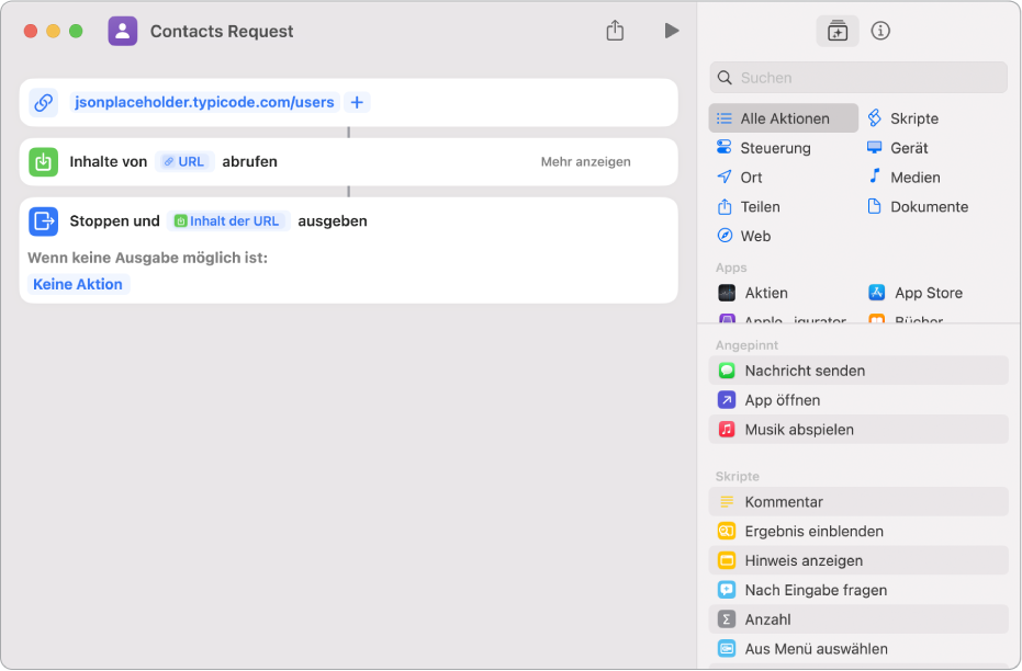 Eine API-Anforderung mit einer URL-Aktion, die auf den API-Endpunkt verweist, gefolgt von einer Aktion „Inhalte von URL abrufen“.