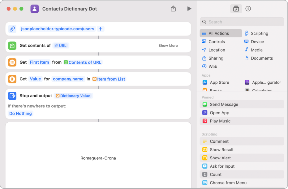 Get Dictionary Value action in the shortcut editor with the key set to company.name.