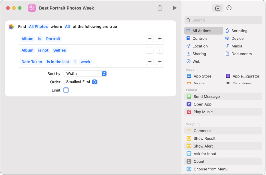 Find Photos Where action in shortcut editor.