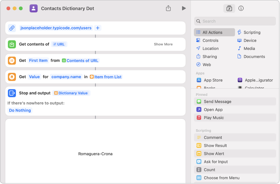 Get Dictionary Value action in the shortcut editor with the key set to company.name.